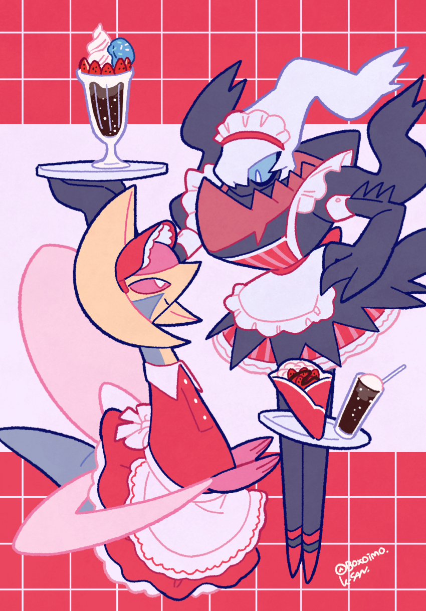 apron blue_sclera boxoimo bright_pupils colored_sclera commentary_request crepe cresselia darkrai dress drinking_straw food fruit full_body gen_4_pokemon hand_on_own_hip highres holding holding_tray ice_cream ice_cream_float legendary_pokemon maid maid_apron maid_headdress mythical_pokemon nintendo no_humans parfait partial_commentary pink_sclera pokemon pokemon_(creature) red_dress red_footwear sprinkles strawberry telekinesis tray twitter_username variant_set white_pupils