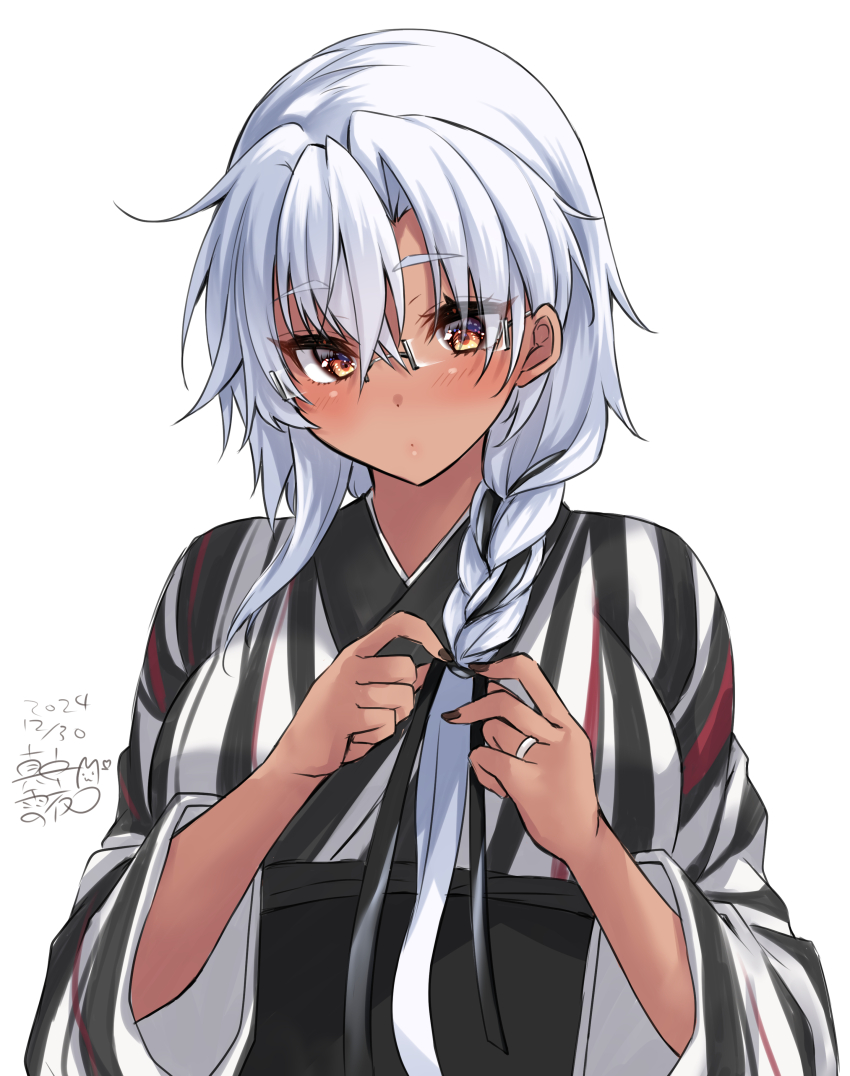1girl absurdres alternate_costume blush braid breasts brown_eyes dark-skinned_female dark_skin dated glasses gradient_nails grey-framed_eyewear hair_between_eyes highres japanese_clothes jewelry kantai_collection kimono large_breasts long_hair looking_at_viewer mashiro_yukiya musashi_(kancolle) musashi_kai_ni_(kancolle) obi rectangular_eyewear ring sash signature smile solo striped_clothes striped_kimono upper_body very_long_hair wedding_ring white_background yukata