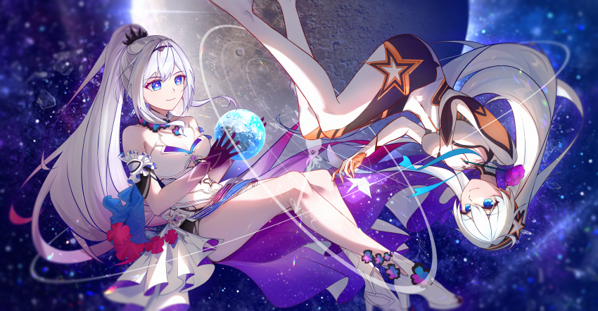 1girl absurdres bare_legs bare_shoulders black_tiara blue_eyes breasts cleavage detached_sleeves dress flower full_moon hair_between_eyes healer18575 high_heels highres holding_planet honkai_(series) honkai_impact_3rd kiana_kaslana kiana_kaslana_(herrscher_of_finality) kiana_kaslana_(white_comet) long_hair looking_to_the_side mecha_pilot_suit medium_breasts moon plugsuit_(evangelion) ponytail purple_flower short_sleeves space tiara upside-down very_long_hair white_dress white_footwear white_hair
