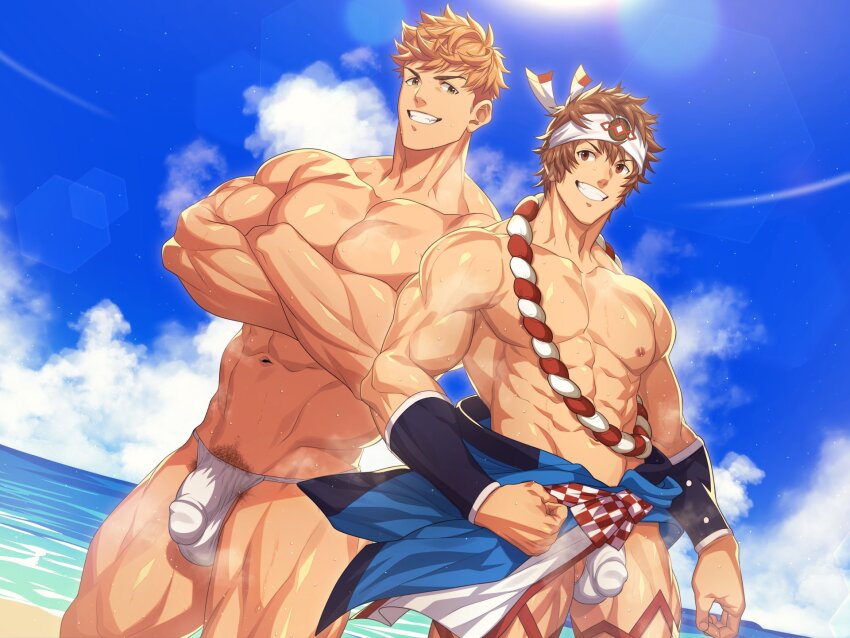 2boys abs bara blonde_hair brown_eyes brown_hair bulge cloud crossed_arms day drum_master_(granblue_fantasy) fundoshi gran_(granblue_fantasy) granblue_fantasy headband hifumi_(3b_x) highres japanese_clothes large_pectorals male_focus male_pubic_hair multiple_boys muscular muscular_male navel nipples outdoors pectorals pubic_hair short_hair sky smile teeth thick_thighs thighs vane_(granblue_fantasy) white_headband