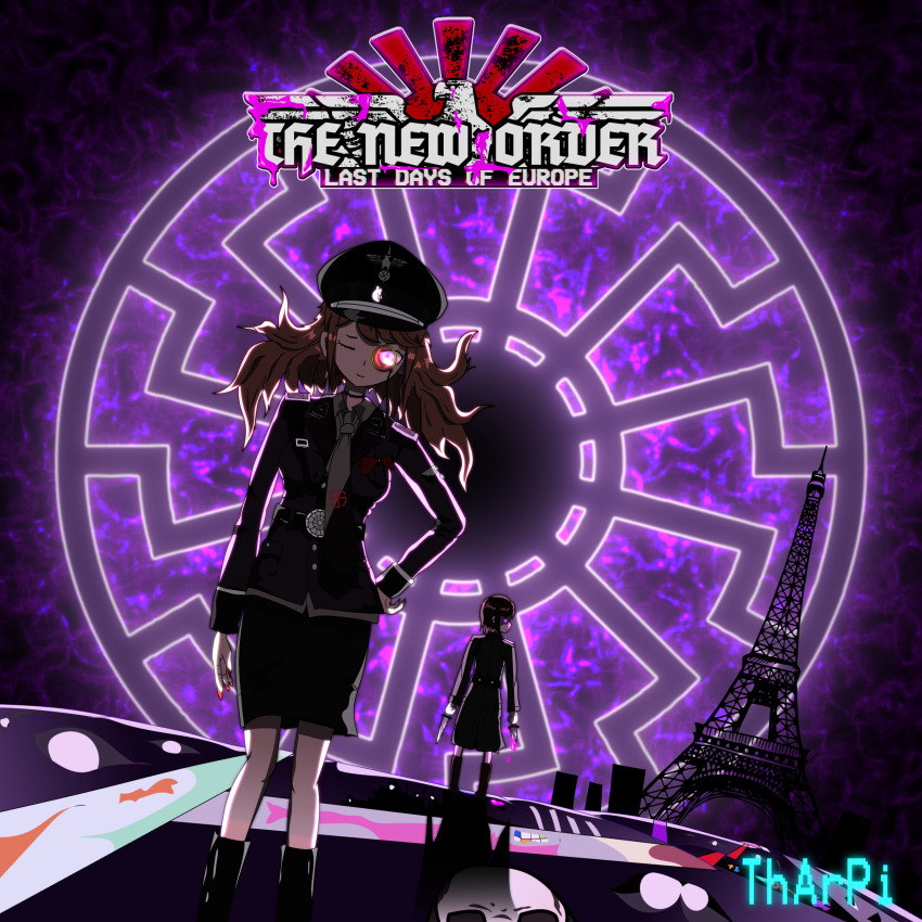 2girls absurdres alternate_costume artist_name black_sun blood bloody_weapon broken_sun_cross burgundy_(tno) copyright_name cosplay danganronpa_(series) efws3227 eiffel_tower enoshima_junko glowing glowing_eye hearts_of_iron heinrich_luitpold_himmler heinrich_luitpold_himmler_(cosplay) highres holding holding_knife ikusaba_mukuro knife miniskirt monocle monocle_chain monokuma multiple_girls nail_polish nazi one_eye_closed paris reichsadler skirt sun swastika the_new_order:_last_days_of_europe weapon