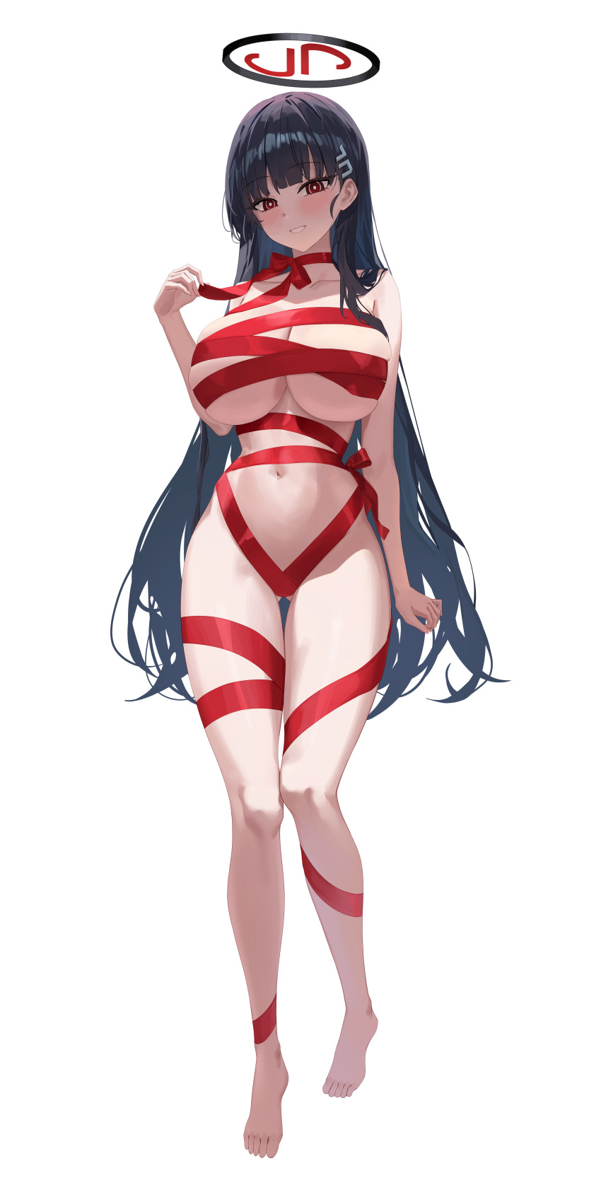 1girl absurdres barefoot black_hair black_halo blue_archive breasts cleavage collarbone commentary commentary_request cowboy_shot full_body gluteal_fold hair_ornament halo hido88 highres large_breasts long_hair naked_ribbon navel red_eyes ribbon rio_(blue_archive) simple_background smile solo stomach thighs variant_set very_long_hair white_background