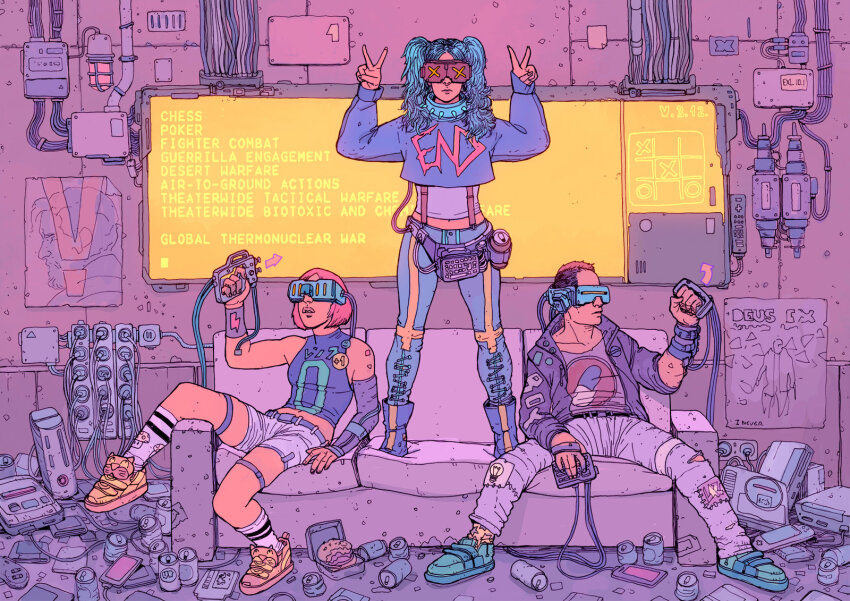 2boys vent_(object) arms_up bad_deviantart_id bad_id badge belt bob_cut boots bottle burger button_badge cable can cellphone collar computer_keyboard controller couch crop_top cropped_sweater cyberpunk denim detached_sleeves deus_ex deus_ex:_mankind_divided double_v electrical_connector electrical_outlet english_text f1x-2 fanny_pack food game_console handheld_game_console head-mounted_display highres holding holding_controller indoors jacket jeans kneehighs leggings legwear_garter long_hair mechabare medium_hair messy_hair messy_room metal_gear_(series) metal_gear_solid_v:_the_phantom_pain midriff mohawk multiple_boys multiple_girls navel nes on_chair on_couch open_clothes open_jacket original outstretched_arm pants phone playstation_vita poster_(object) power_strip remote_control science_fiction screen sega_mega_drive shirt shoes short_hair shorts sitting smartphone sneakers socks spread_legs standing standing_on_chair sticker super_nintendo suspenders t-shirt television terminal third-party_source torn_clothes torn_jeans torn_pants tube twintails undershirt v very_short_hair vest wire xbox_360