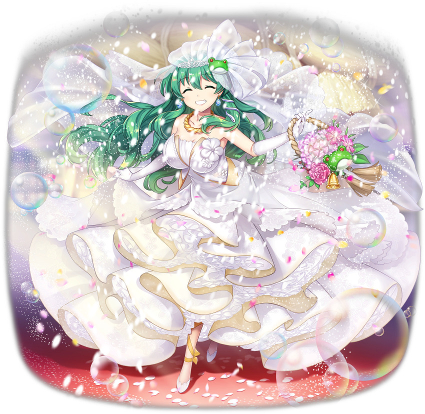 1girl alternate_costume basket bell breasts bridal_veil bubble cleavage closed_eyes collarbone dress dress_flower earrings facing_viewer flower flower_basket flower_request frilled_dress frills frog frog_hair_ornament full_body game_cg gloves green_hair grin hair_ornament happy highres holding holding_basket jewelry kochiya_sanae kochiya_sanae_(the_white_miracle_that_brings_good_luck) large_breasts long_hair necklace official_art petals pink_flower rotte_(1109) see-through_clothes see-through_veil shoes skirt_hold smile snake_hair_ornament solo strapless strapless_dress third-party_source touhou touhou_lostword transparent_background veil very_long_hair wedding_dress white_dress white_flower white_gloves white_shoes white_veil