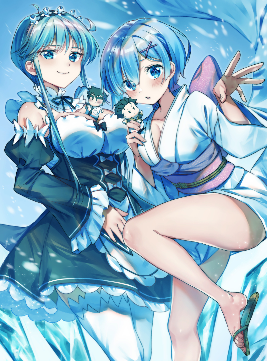 2girls absurdres bare_legs blue_eyes blue_hair blush breasts cleavage commentary_request cosplay costume_switch detached_sleeves dress frills green_dress hair_ornament hair_over_one_eye highres japanese_clothes jigoku_sensei_nube kimono large_breasts long_hair looking_at_viewer maid_headdress multiple_girls natsuki_iori natsuki_subaru nueno_meisuke open_mouth re:zero_kara_hajimeru_isekai_seikatsu rem_(re:zero) rem_(re:zero)_(cosplay) sandals short_hair short_kimono sidelocks smile thighhighs white_kimono white_legwear x_hair_ornament yukime_(jigoku_sensei_nube) yukime_(jigoku_sensei_nube)_(cosplay)