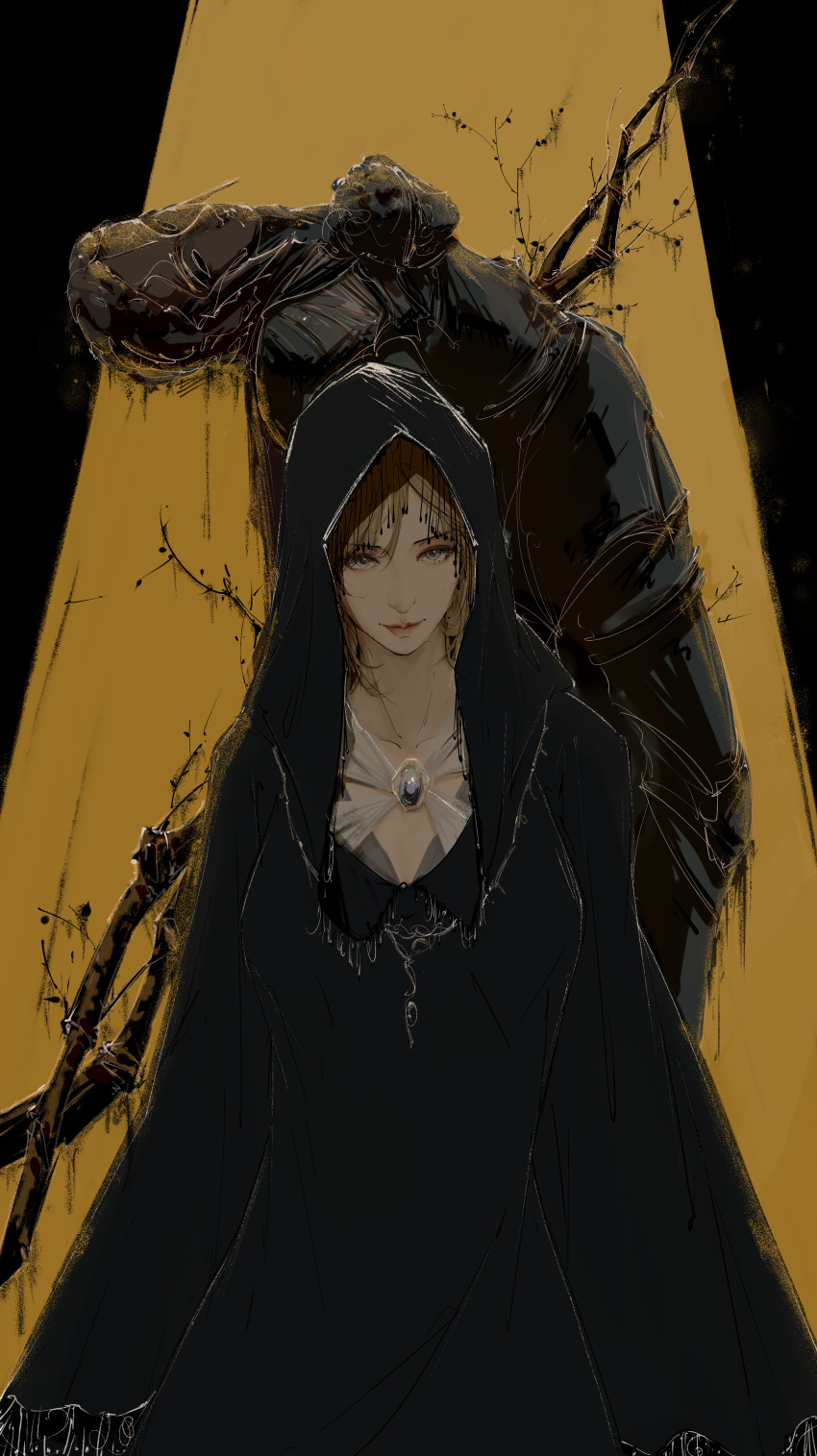 1boy 1girl absurdres armor black_cloak black_dress blonde_hair blue_brooch blue_eyes cloak d_hunter_of_the_dead death dress elden_ring fia_the_deathbed_companion fringe_trim highres hood hood_up impaled looking_at_viewer medium_hair nao_tou_di_guan veil yellow_background