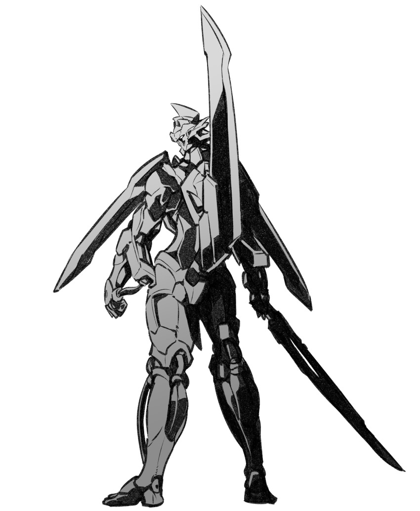 absurdres clenched_hand dann_of_thursday from_behind greyscale gunxsword highres holding holding_sword holding_weapon kato_takuji looking_to_the_side mecha monochrome robot science_fiction solo sword weapon white_background