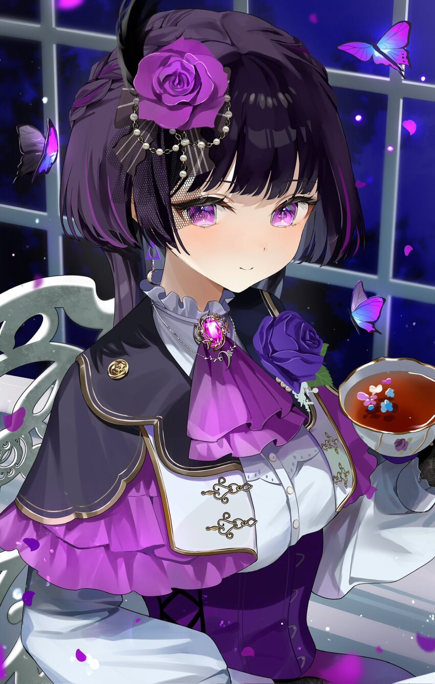 1girl ascot bess_tenuto black_bow black_gloves black_hair blunt_bangs bow braid brooch bug butterfly capelet chair closed_mouth corsage crescent crescent_earrings crescent_necklace cup dress_shirt earrings falling_petals feather_hair_ornament feathers flower flower_on_liquid frilled_capelet frilled_shirt_collar frills gloves gold_trim hair_bow hair_flower hair_ornament half_up_braid high-waist_skirt highres holding holding_cup indie_virtual_youtuber insect jewelry lapels light_particles long_hair long_sleeves looking_at_viewer mikanoisi mullet multicolored_hair muntins necklace petals puffy_long_sleeves puffy_sleeves purple_ascot purple_butterfly purple_capelet purple_eyes purple_flower purple_hair purple_rose purple_skirt rose shirt sitting skirt smile solo streaked_hair tea teacup triangle_earrings upper_body virtual_youtuber white_shirt window