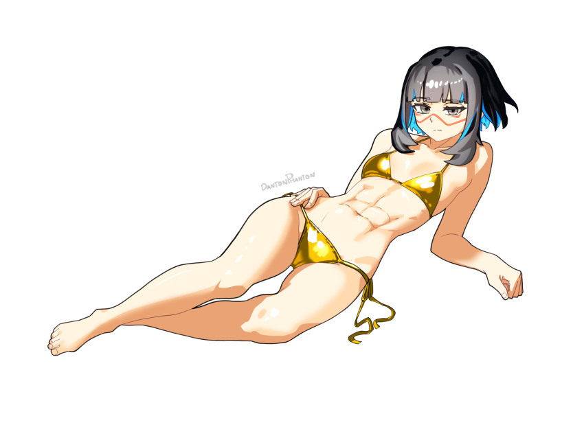 1girl abs bare_shoulders barefoot bikini black_hair blue_hair breasts colored_inner_hair dantonphanton facepaint fate/grand_order fate_(series) gold_bikini grey_eyes highres looking_at_viewer lying multicolored_hair navel on_back short_hair sidelocks small_breasts solo swimsuit tenochtitlan_(fate) tenochtitlan_(first_ascension)_(fate)