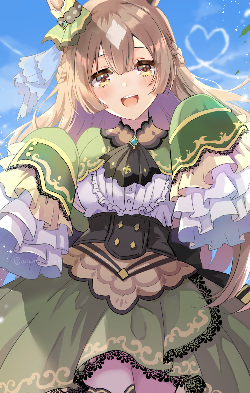1girl absurdres anbutter_siruko animal_ears blush braid brown_eyes brown_hair cowboy_shot dress frilled_dress frilled_sleeves frills green_dress half_up_braid highres horse_ears horse_girl long_hair long_sleeves looking_at_viewer open_mouth satono_diamond_(umamusume) sleeves_past_fingers sleeves_past_wrists smile solo umamusume