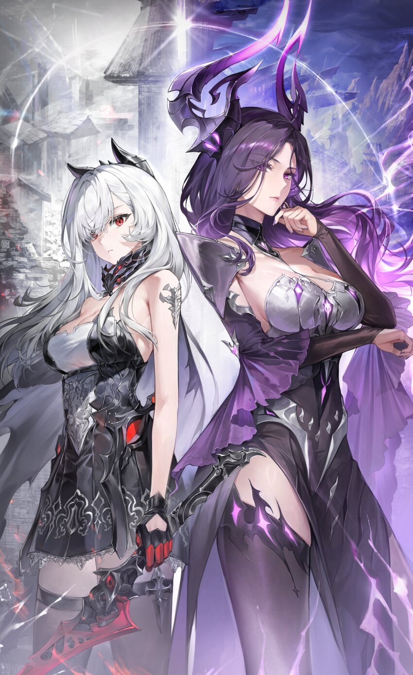 2girls absurdres armlet bare_shoulders berenica_(duet_night_abyss) black_dress black_gloves black_horns black_thighhighs breasts cleavage closed_mouth commentary_request doomie1 dress duet_night_abyss gloves highres holding holding_sword holding_weapon horns jewelry korean_commentary large_breasts large_horns long_hair looking_at_viewer multiple_girls purple_dress purple_eyes purple_hair purple_horns red_eyes sibylle_(duet_night_abyss) small_horns split_theme strapless strapless_dress sword thighhighs thighs very_long_hair weapon