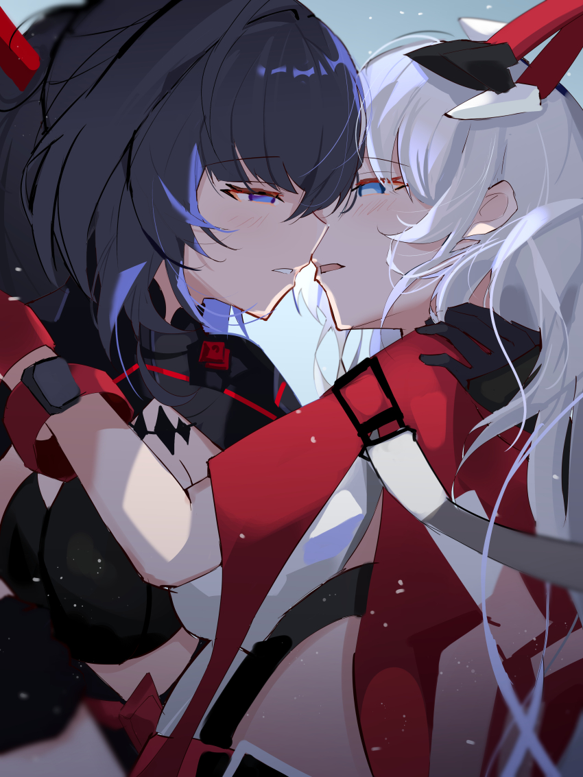 2girls absurdres black_gloves blue_eyes breasts cleavage_cutout clothing_cutout commentary english_commentary gloves hair_ornament half-closed_eyes hand_on_another&#039;s_shoulder highres honkai_(series) honkai_impact_3rd hug imminent_kiss jacket kiana_kaslana kiana_kaslana_(radiant_blaze) kiana_kaslana_(void_drifter) long_hair multiple_girls ponytail purple_eyes purple_hair raiden_mei raiden_mei_(danzai_spectramancer) raiden_mei_(orochi_cuirass) red_gloves red_jacket sparks_summer upper_body very_long_hair white_hair yuri