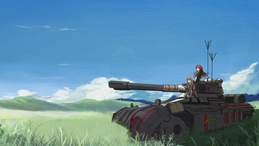 2girls brown_eyes brown_hair carisa_contzen cloud day grass highres long_hair military military_uniform military_vehicle motor_vehicle multiple_girls red_hair riela_marcellis senjou_no_valkyria senjou_no_valkyria_(series) senjou_no_valkyria_3 sky tank tianyu_jifeng