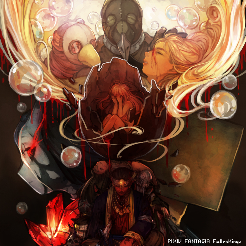 1girl akaneko_(redakanekocat) black_sclera blood blood_drip blood_on_face bubble colored_sclera commentary_request copyright_name crystal eggshell eye_trail grey_hair hands_on_own_face highres light_trail pile_of_corpses pixiv_fantasia pixiv_fantasia_fallen_kings plague_doctor_mask pointy_ears red_eyes