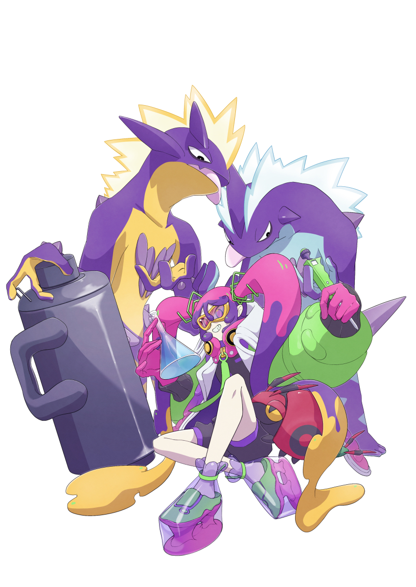 1boy absurdres black_jumpsuit coat flask gen_5_pokemon gen_8_pokemon gloves goggles goggles_on_head gradient_coat green_sleeves hatsune_miku highres holding holding_flask jumpsuit multicolored_coat nintendo open_clothes open_coat pink_gloves poison_miku_(project_voltage) pokemon pokemon_(creature) project_voltage purple_coat purple_jumpsuit short_jumpsuit tottori_otori toxtricity twintails venipede vocaloid