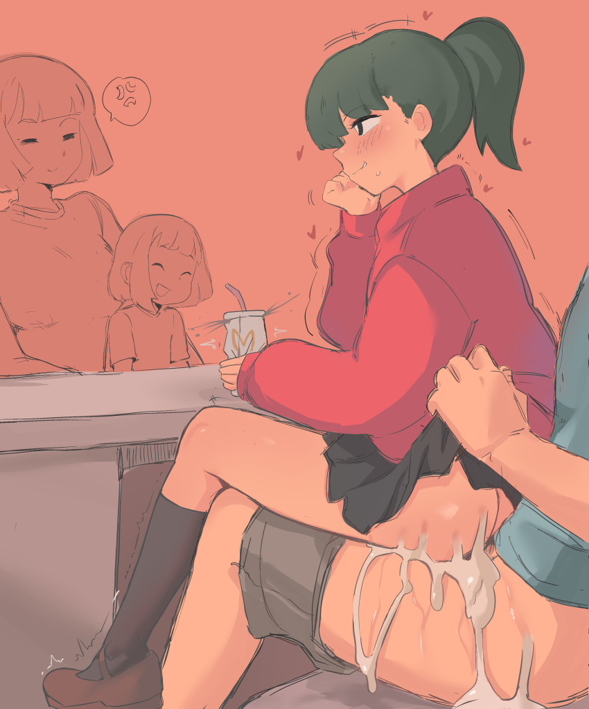 1boy 3girls absurdres anger_vein black_hair blush cafin clothed_sex cum cup daughter_(yoru_mac) disposable_cup father_(yoru_mac) girlfriend_(yoru_mac) highres mcdonald&#039;s monochrome_background mother_(yoru_mac) multiple_girls netorare ponytail reverse_netorare reverse_upright_straddle sex sex_from_behind sitting sitting_on_lap sitting_on_person smile stealth_sex trembling yoru_mac
