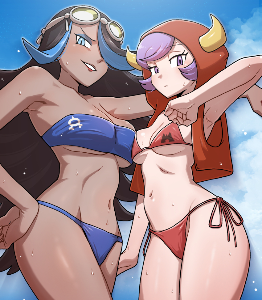 2girls adapted_costume arm_on_another&#039;s_shoulder arm_up asymmetrical_docking bandeau bikini black_hair blue_bandeau blue_bikini blue_eyes blue_hair breast_press breasts closed_mouth cloud courtney_(pokemon) cowboy_shot cropped_jacket dark-skinned_female dark_skin expressionless fake_horns game_freak goggles goggles_on_head hand_on_own_hip highres hood hood_up horned_hood horns jacket large_breasts long_hair looking_at_viewer medium_breasts multicolored_hair multiple_girls navel nintendo nutkingcall open_clothes open_jacket open_mouth outdoors pokemon pokemon_oras purple_eyes purple_hair red_bikini shelly_(pokemon) short_hair side-tie_bikini_bottom sleeveless sleeveless_jacket smile streaked_hair swimsuit wet
