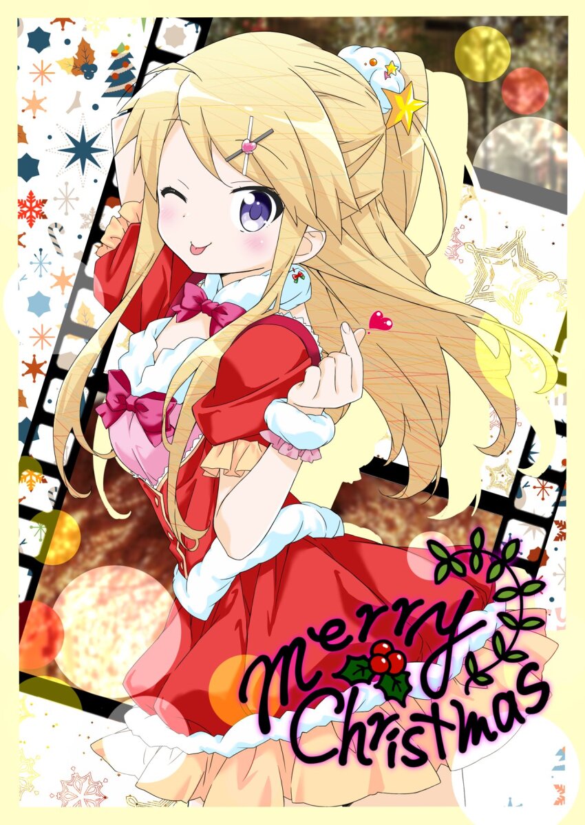 1girl abstract_background arm_up blonde_hair blurry bokeh border bow braid breasts buttons christmas commentary contrapposto cowboy_shot crown_braid depth_of_field dress drop_shadow english_text film_reel finger_heart floating_hair grey_eyes hair_ornament hairclip hand_up hara_yui_(style) heart highres kin-iro_mosaic koseki_masaru kujou_karen light_blush long_hair looking_at_viewer medium_breasts merry_christmas mistletoe official_art one_eye_closed pink_bow purple_eyes red_dress red_theme santa_costume scrunchie sidelocks small_breasts snow solo star_(symbol) tongue tongue_out tsurime very_long_hair white_scrunchie x_hair_ornament yellow_border yellow_theme