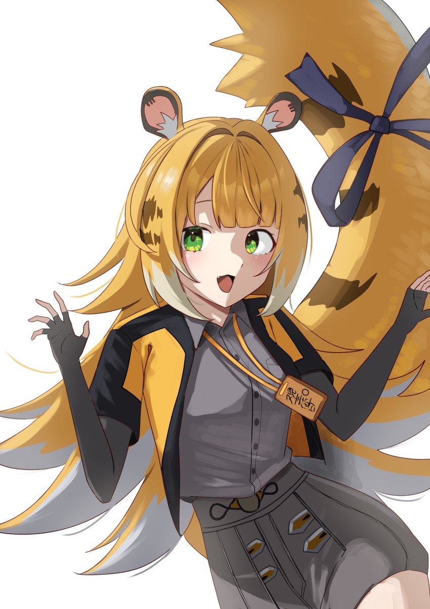 1girl absurdres animal_ear_fluff animal_ears black_shorts blonde_hair blush green_eyes high-waist_shorts highres jacket ju_fufu long_hair looking_at_viewer mirl open_mouth orange_fur shirt shorts simple_background smile solo striped_fur tail tail_ornament tiger tiger_ears tiger_girl tiger_tail white_background zenless_zone_zero