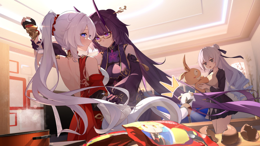 3girls absurdres back bare_shoulders black_gloves black_jacket black_skirt blue_eyes blush breasts bronya_zaychik bronya_zaychik_(outstanding_attitude) bronya_zaychik_(silverwing:_n-ex) chips_(food) closed_mouth commentary cooking cracked_egg detached_sleeves dress drill_hair drill_ponytail eyeliner fingerless_gloves food gloves grey_hair hair_ornament hair_stick highres holding_another&#039;s_wrist homu_(honkai_impact) honkai_(series) honkai_impact_3rd horns huangyou_ban_rousong indoors jacket kiana_kaslana kiana_kaslana_(ba-dum!_fiery_wishing_star) large_breasts long_hair looking_at_another looking_at_viewer makeup multiple_girls official_alternate_costume ponytail potato_chips purple_dress purple_eyes purple_gloves purple_hair purple_horns purple_sleeves raiden_mei raiden_mei_(herrscher_of_thunder) raiden_mei_(rainy_springtide) red_eyeliner red_pupils rice_cake_(honkai_impact_3rd) semi-rimless_eyewear shoulder_blades skirt sweater symbol-only_commentary triangle_mouth under-rim_eyewear very_long_hair white_hair white_sweater yellow-framed_eyewear