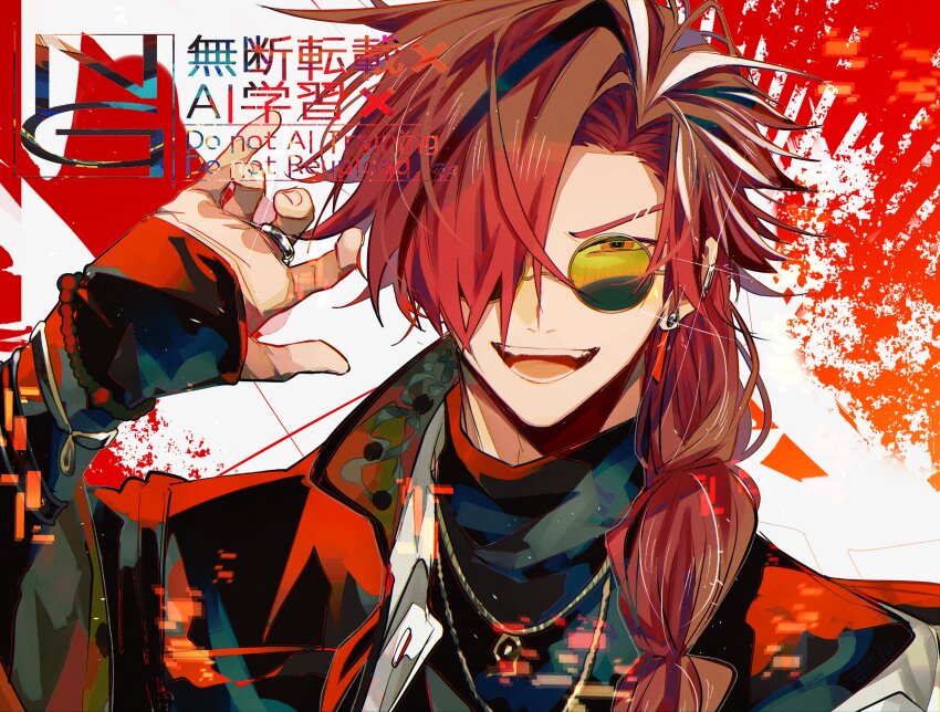 1boy absurdres black_hair earclip earrings eyebrow_cut fate/grand_order fate_(series) hair_over_one_eye highres jacket jewelry long_hair long_sleeves looking_at_viewer male_focus multicolored_hair necklace red_eyes red_hair ring smile solo streaked_hair takasugi_shinsaku_(fate) u_5ham0 white_hair