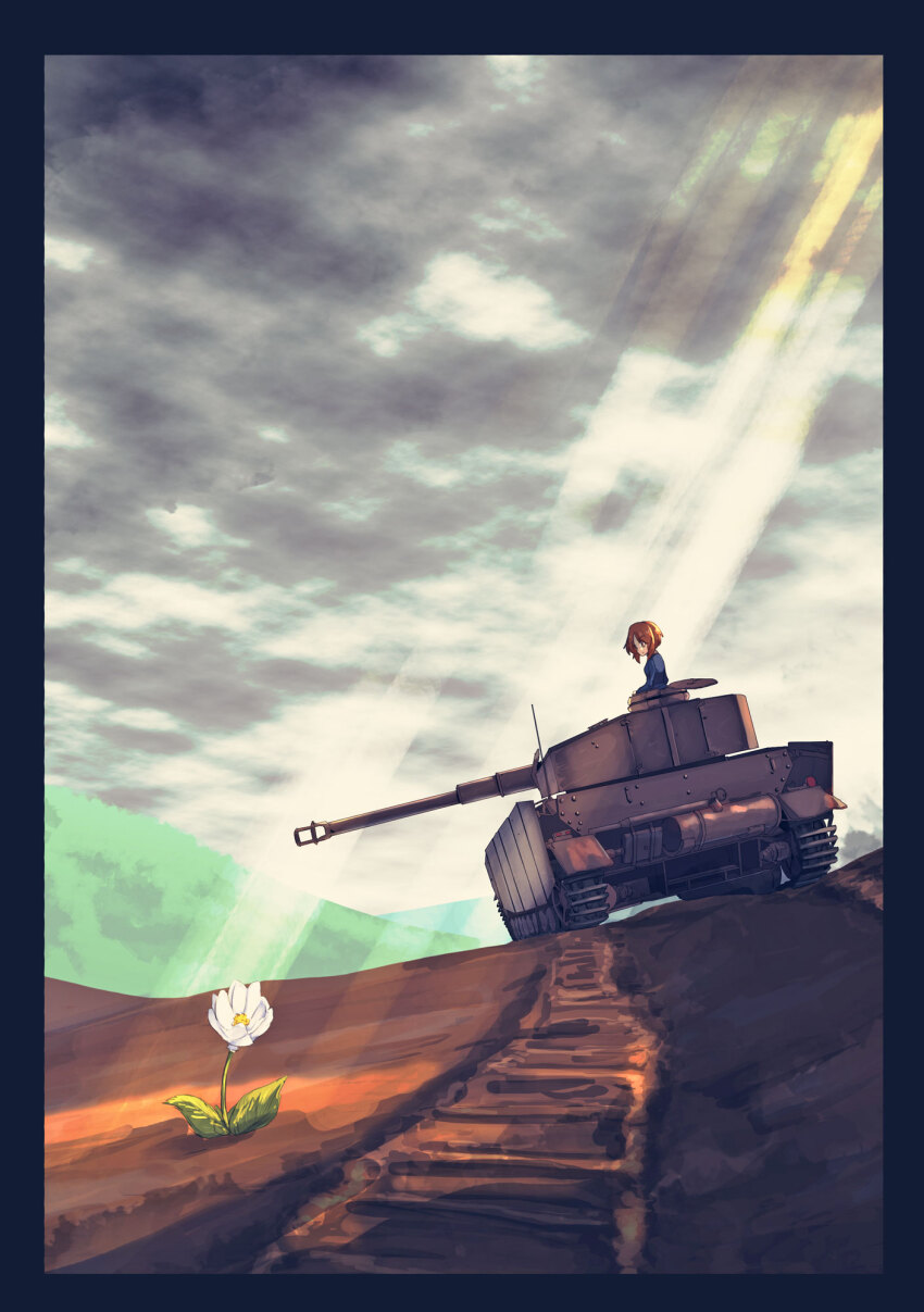 1girl black_border blue_jacket border brown_hair caterpillar_tracks commentary day flower girls_und_panzer highres jacket jinguu_(4839ms) looking_at_viewer looking_back military_vehicle motor_vehicle mountainous_horizon nishizumi_miho ooarai_military_uniform outdoors overcast panzer_iv short_hair sky solo sunlight symbol-only_commentary tank vehicle_focus