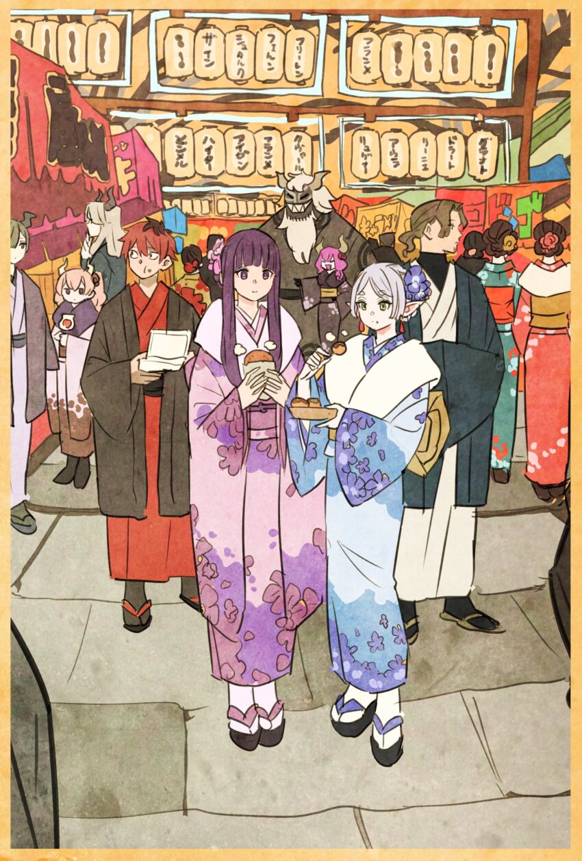 3girls 4boys alternate_costume alternate_universe beard beard_stubble black_footwear black_jacket black_shirt black_socks blue_flower blue_jacket blue_kimono blunt_bangs brown_footwear brown_hair character_request chewing chopsticks commentary_request contemporary crumbs day demon_horns earrings eating elf eyelashes facial_hair fern_(sousou_no_frieren) festival floral_print flower food food_request food_stand frieren gradient_hair green_eyes grey_hair grin hair_bun hair_flower hair_ornament hairpin haori highres holding holding_chopsticks holding_food holding_with_chopsticks horns jacket japanese_clothes jewelry kimono lantern long_sleeves looking_at_food multicolored_hair multiple_boys multiple_girls new_year okobo outdoors own_hands_together pansy paper_lantern people pink_flower pink_hair pink_kimono platform_sandals pointy_ears ponytail purple_eyes purple_hair purple_kimono purple_shawl red_flower red_hair red_kimono sandals sein_(sousou_no_frieren) sharp_teeth shawl shirt shirt_under_kimono short_hair short_hair_with_long_locks short_ponytail sidelocks single_hair_bun sleeves_past_fingers sleeves_past_wrists smile socks sousou_no_frieren stark_(sousou_no_frieren) stubble tabi takeuchi_ryousuke takoyaki teeth turtleneck turtleneck_shirt updo white_kimono white_shawl white_socks wide_sleeves yukata zouri