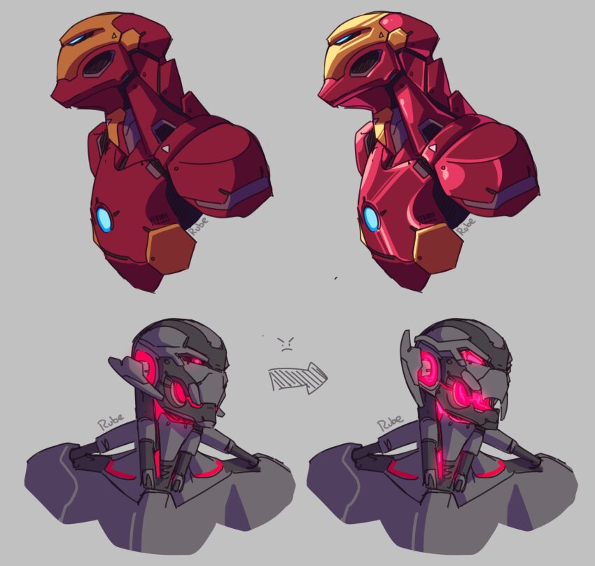 2boys armor arrow_(symbol) artist_name avengers:_age_of_ultron avengers_(series) blue_eyes commentary english_commentary frown glowing glowing_eyes grey_background highres humanoid_robot iron_man marvel marvel_cinematic_universe multiple_boys open_mouth portrait power_armor red_eyes robot ruben_menzel science_fiction ultron