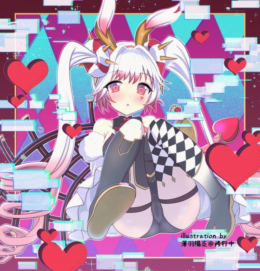 1girl animal_ears ass asymmetrical_legwear black_leotard blush checkered_background checkered_clothes checkered_legwear collarbone double_bun duel_monster hair_bun hairband heart highres leotard looking_at_viewer maliss_&lt;p&gt;_white_rabbit open_mouth pink_eyes rabbit_ears rabbit_girl solo spiked_hairband spikes thigh_strap twintails twitter_username usuba_kagerou_(shougyouchu) white_hair yu-gi-oh!