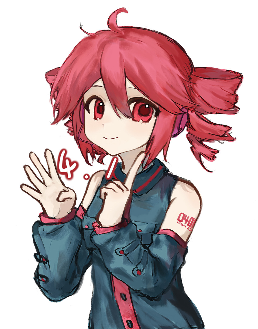 1girl absurdres ahoge arm_tattoo bad_anatomy bad_hands bare_shoulders black_shirt black_sleeves buttons chinese_commentary closed_mouth collared_shirt commentary_request dated detached_sleeves double-parted_bangs drill_hair hair_between_eyes hands_up highres index_finger_raised kasane_teto kasane_teto_(utau) long_sleeves looking_at_viewer number_tattoo pocket red_eyes red_hair red_trim shirt short_hair simple_background sleeveless sleeveless_shirt smile solo tattoo twin_drills upper_body utau white_background xinjinjumin502308030453