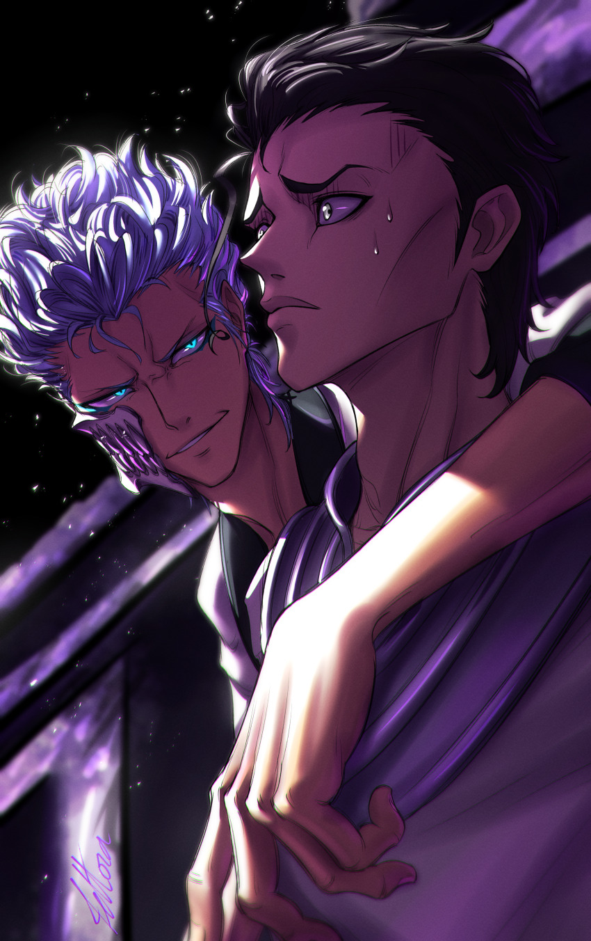 2boys absurdres arm_around_neck askin_nakk_le_vaar black_hair bleach bleach:_sennen_kessen-hen blue_eyes blue_hair blurry blurry_background commentary evil_grin evil_smile facial_mark furrowed_brow glowing glowing_eyes grey_eyes grimmjow_jaegerjaquez grin hair_between_eyes hair_slicked_back highres lips looking_at_another male_focus multiple_boys night nose outdoors parted_lips scared short_hair signature smile spiked_hair sweatdrop tettora tsurime upper_body v-shaped_eyebrows wide-eyed