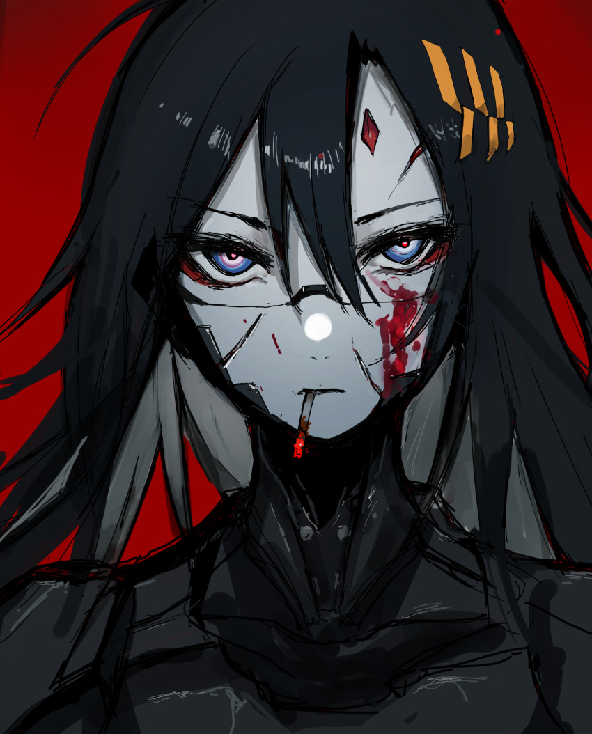 1girl absurdres android black_hair blood blood_on_face blue_eyes chuhaibane cigarette commission expressionless falke_(signalis) forehead_jewel gem highres long_hair looking_at_viewer red_background red_gemstone signalis simple_background skeb_commission smoking solo upper_body very_long_hair