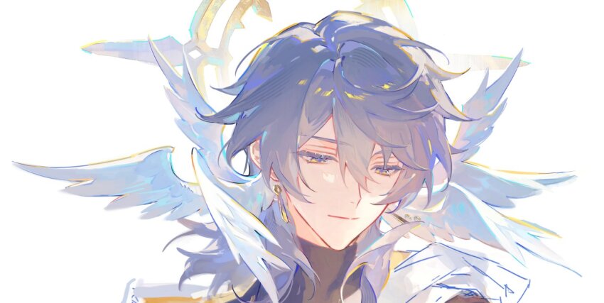 1boy black_shirt closed_mouth earrings feathered_wings gold_earrings grey_hair hair_between_eyes half-closed_eyes halo halo_behind_head head_wings honkai:_star_rail honkai_(series) jacket jewelry looking_down male_focus open_clothes open_jacket renjian_shilian shirt short_hair sidelocks simple_background smile solo sunday_(honkai:_star_rail) upper_body white_background white_jacket wings yellow_eyes