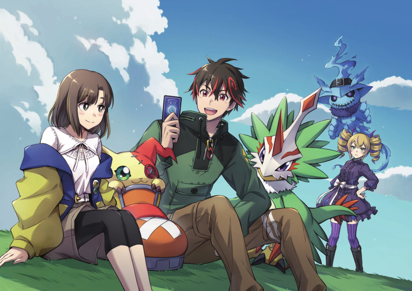 1boy 2girls beak bird black_dress black_hair blonde_hair blue_fire brown_eyes brown_hair brown_shorts card digimon digimon_(creature) digimon_liberator dragon dress drill_hair feathers fire ghost ghostmon green_feathers green_shirt highres holding holding_card horns kazama_shoto kinosaki_arisa long_hair medium_hair multicolored_hair multiple_girls off_shoulder on_grass pteromon red_hair shirt shoemon shorts single_horn streaked_hair takase_(takase1214) talons trading_card twin_drills two-tone_hair white_shirt