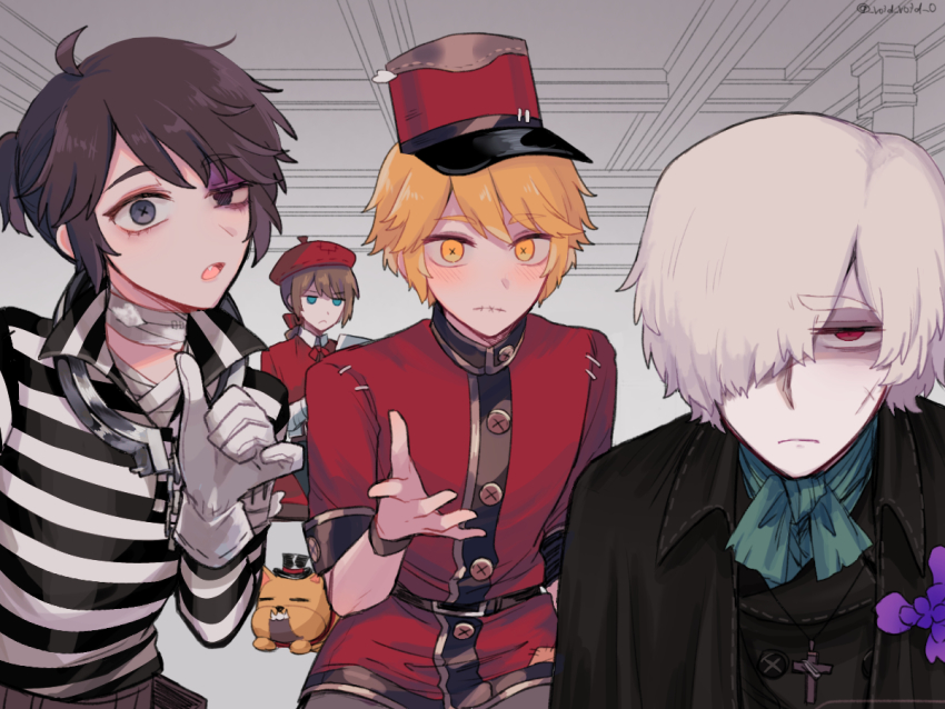 4boys :/ :o =_= andrew_kreiss arm_up bandaged_neck bandages belt beret blonde_hair blue_eyes bow brown_hair bruise bruised_eye capelet chain closed_mouth collared_shirt cross cross_necklace cross_scar dog edgar_valden facial_scar fang flower gloves green_neckerchief grey_eyes hair_bow hair_over_one_eye hat head_tilt identity_v indoors injury iris_(flower) jewelry long_sleeves luca_balsa male_focus meme mikumikudance multiple_boys neckerchief necklace ponytail purple_flower red_eyes red_headwear scar scar_on_cheek scar_on_face scar_on_nose shirt short_hair stitched_mouth stitches striped_clothes striped_shirt stuffing symbol-shaped_pupils tendenbarabara twitter_username unamused victor_grantz white_gloves white_shirt wick_(identity_v) x-shaped_pupils yellow_eyes