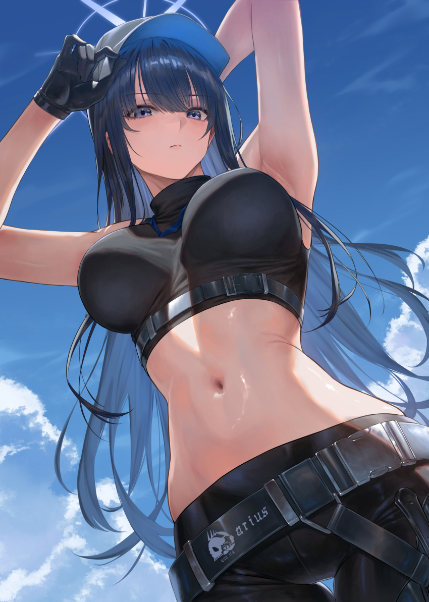 1girl adjusting_clothes adjusting_headwear baseball_cap belt black_hair black_hat black_pants blue_archive blue_eyes blue_hair blue_halo blue_sky breasts buckle closed_mouth colored_inner_hair crop_top from_below halo hat highres large_breasts long_hair looking_at_viewer mugetsu2501 multicolored_hair navel no_mask pants saori_(blue_archive) shirt sky sleeveless sleeveless_shirt snap-fit_buckle solo stomach
