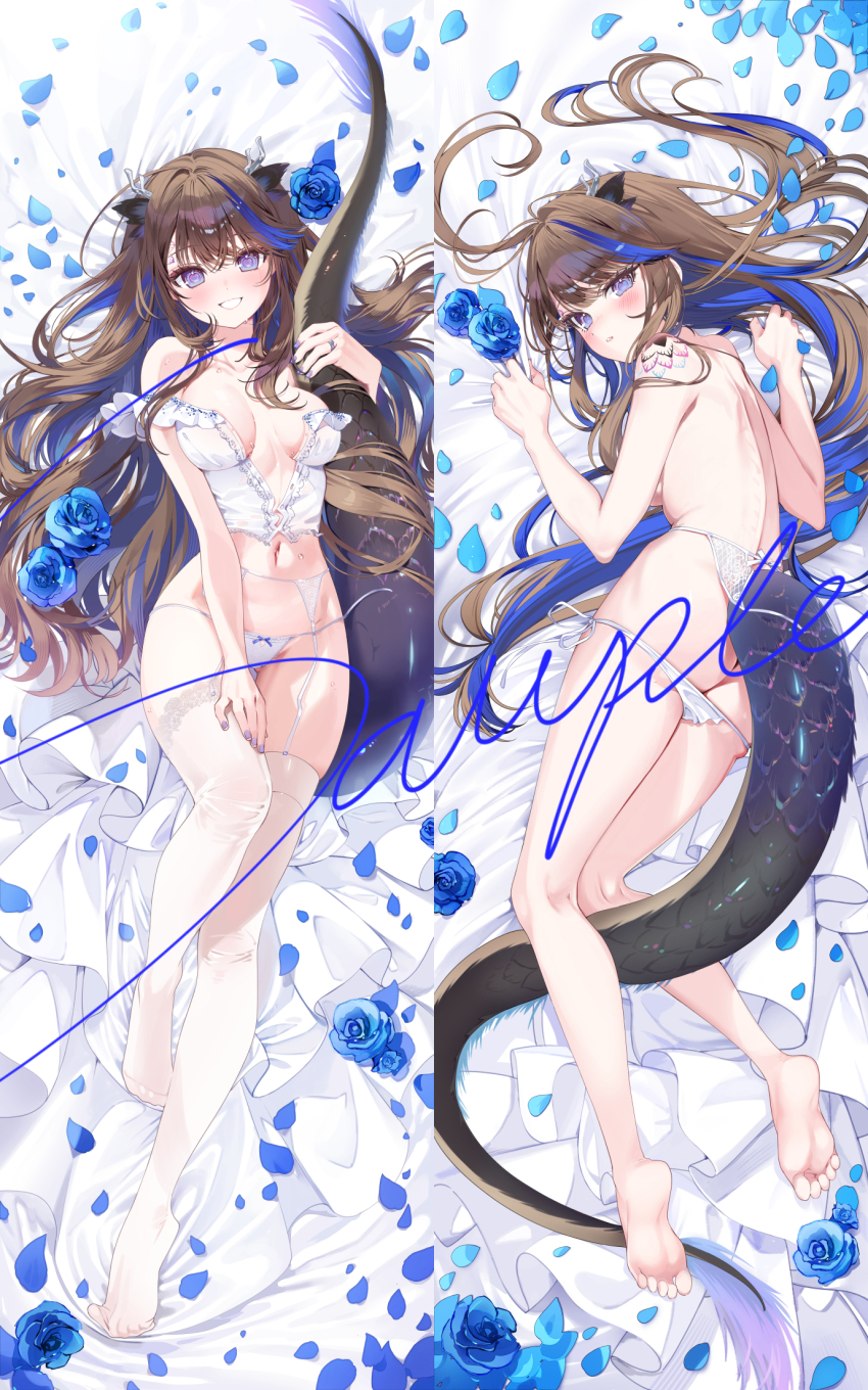 1girl a20_(atsumaru) airi_kanna blue_flower blue_hair blue_rose brown_hair closed_mouth dakimakura_(medium) dragon_girl dragon_horns dragon_tail dress dress_flower flower garter_straps hands_up highres horns hugging_own_tail hugging_tail long_hair looking_at_viewer lying multicolored_hair on_back on_side rose sample_watermark short_sleeves smile stellive streaked_hair tail thighhighs variant_set virtual_youtuber watermark white_dress white_thighhighs