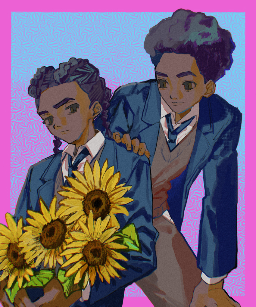 2boys black_hair blue_background blue_jacket braid brown_eyes brown_sweater_vest commentary_request cornrows cowboy_shot dark-skinned_male dark_skin dual_persona flower hand_on_another&#039;s_shoulder hand_on_own_knee highres holding holding_flower jacket looking_at_another male_focus marvel miles_g._morales miles_morales multiple_boys pink_background school_uniform short_hair spider-man:_across_the_spider-verse spider-man_(series) spider-verse sunflower sweater_vest tami_tome_mo twin_braids very_short_hair