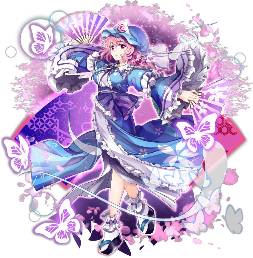 1girl black_sandals blue_hat blue_kimono breasts bug butterfly closed_mouth falling_petals flower folding_fan frilled_kimono frilled_sleeves frills full_body game_cg gloom_(expression) hand_fan hat highres hitodama holding holding_fan insect japanese_clothes kimono long_sleeves looking_at_viewer medium_hair mob_cap official_art okobo petal_print petals pink_butterfly pink_eyes pink_flower pink_hair pink_petals platform_sandals print_kimono rotte_(1109) saigyouji_yuyuko sandals sleeve_garter socks solo third-party_source touhou touhou_lostword transparent_background triangular_headpiece white_socks wide_sleeves