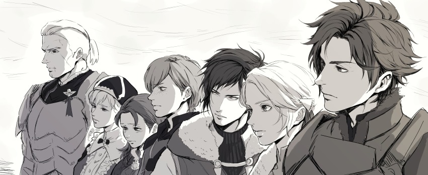 3girls 4boys absurdres annette_fantine_dominic annette_fantine_dominic_(timeskip) armor ashe_ubert ashe_ubert_(timeskip) bow breastplate brooch buttons capelet closed_mouth collared_dress commentary_request dedue_molinaro dedue_molinaro_(timeskip) dress facial_scar felix_hugo_fraldarius felix_hugo_fraldarius_(timeskip) fire_emblem fire_emblem:_three_houses frills fur-trimmed_collar fur-trimmed_hood fur_trim greyscale hair_bow hat highres hood hood_down hooded_capelet ingrid_brandl_galatea ingrid_brandl_galatea_(timeskip) jewelry looking_ahead looking_down mercedes_von_martritz mercedes_von_martritz_(timeskip) monochrome multiple_boys multiple_girls multiple_scars nintendo parted_bangs parted_hair pauldrons ponytail s3junk scar scar_on_cheek scar_on_face scar_on_mouth short_hair short_ponytail shoulder_armor side-by-side sylvain_jose_gautier sylvain_jose_gautier_(timeskip) turtleneck upper_body