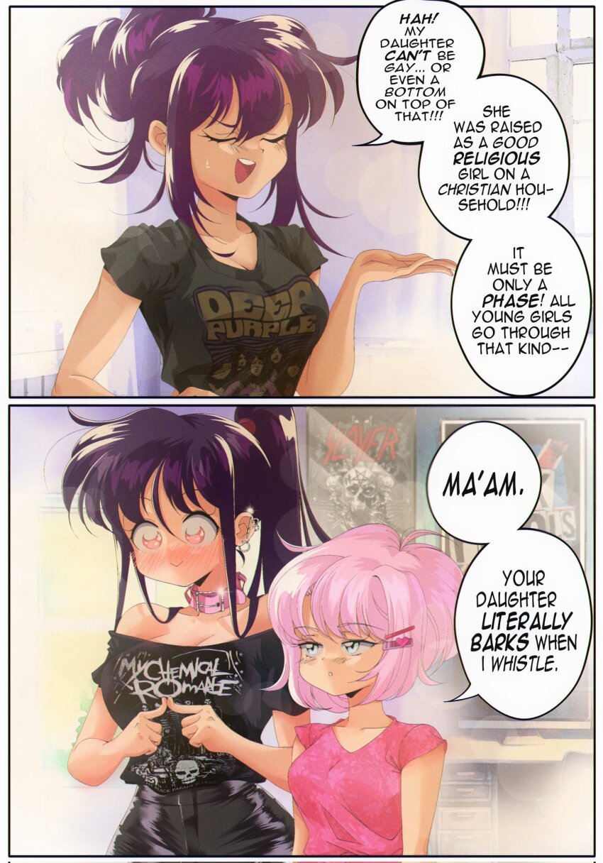 2koma 3girls band_shirt blue_eyes blush buckle collar collarbone comic commentary deep_purple ear_piercing english_commentary english_text floral_print grs- hair_ornament hairclip height_difference highres homophobia index_fingers_together merchandise mother_and_daughter multiple_girls my_chemical_romance off-shoulder_shirt off_shoulder open_hand original piercing pink_collar pink_eyes pink_hair pink_shirt ponytail poster_(object) purple_hair sex_pistols sharon_(grs-) shirt short_hair short_sleeves slayer_(band) sparkle speech_bubble t-shirt talia_(grs-) teeth upper_teeth_only yuri