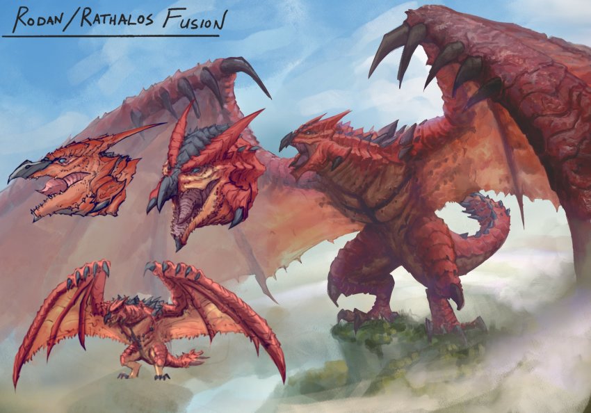 chipyray claws crossover dragon fangs fusion godzilla:_king_of_the_monsters godzilla_(series) highres horns kaiju legendary_pictures monster monster_hunter_(series) monsterverse no_humans open_mouth rathalos rodan rodan_(monsterverse) scales sharp_teeth sky tail teeth toho wings wyvern