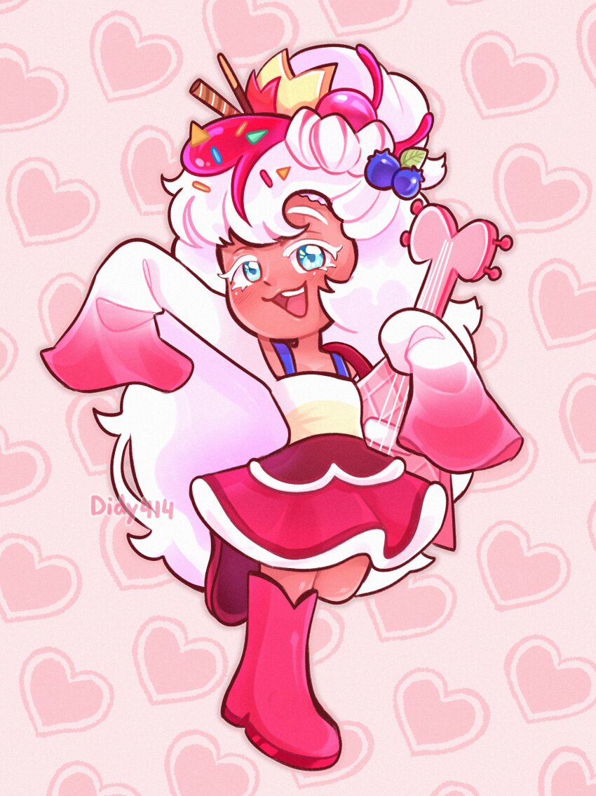 1girl absurdres blue_eyes cookie_run cookie_run:_kingdom didy414 dress food food-themed_hair_ornament frills fruit guitar hair_ornament highres holding holding_instrument humanization instrument long_hair long_sleeves looking_at_viewer multicolored_hair open_mouth parfait_cookie pink_hair shirt sleeves_past_fingers sleeves_past_wrists smile solo white_hair