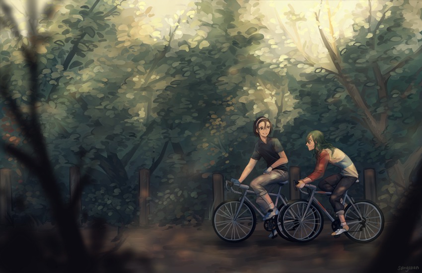 2boys artist_name bicycle branch brown_hair fingerless_gloves forest gloves green_hair hairband makishima_yuusuke male_focus multiple_boys nature sangcoon signature slice_of_life sunlight toudou_jinpachi tree yowamushi_pedal