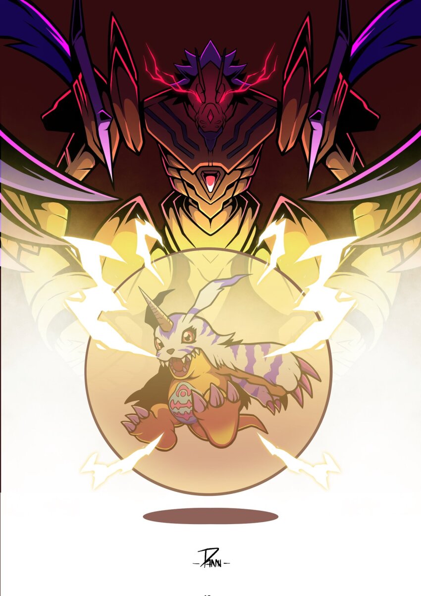 armor blue_fur cresgarurumon danzart_24 digimon digimon_(creature) digimon_adventure:_(2020) evolutionary_line gabumon glowing glowing_eyes gold_armor highres horns lizard red_eyes sharp_teeth shoulder_spikes single_horn spikes standing teeth wolf