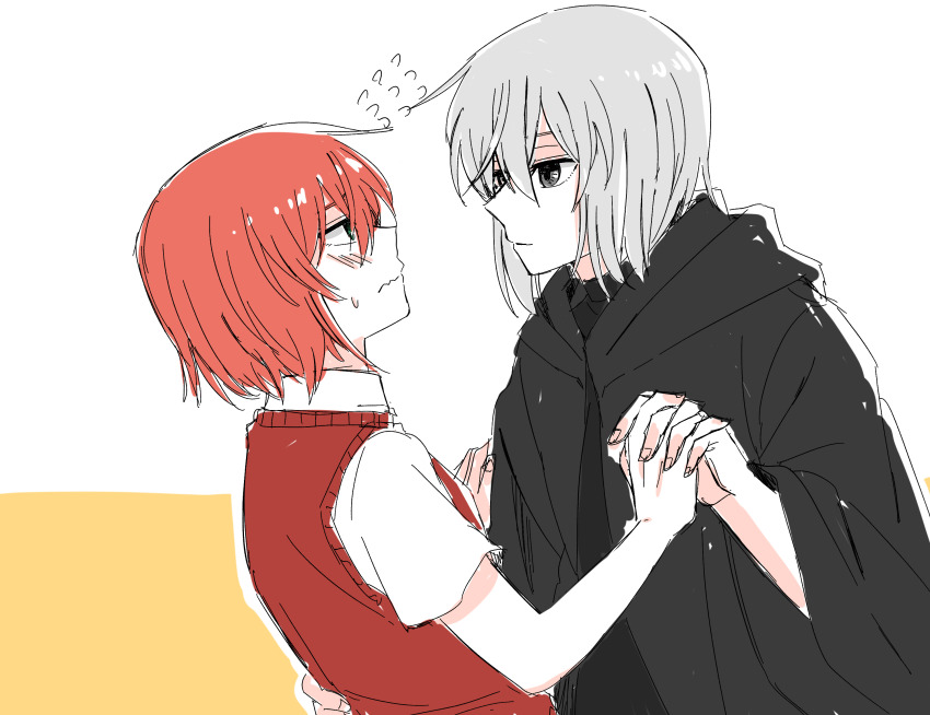 1girl black_cloak black_eyes blush character_request cloak closed_mouth delfuze embarrassed flying_sweatdrops from_side grey_hair hatori_chise highres interlocked_fingers mahou_tsukai_no_yome medium_hair red_hair red_vest shirt vest white_shirt