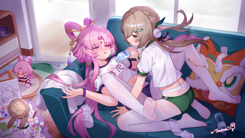 2girls brown_hair feet fu_xuan_(honkai:_star_rail) green_eyes gym_uniform highres holding honkai:_star_rail honkai_(series) multiple_girls pantyhose pink_eyes pink_hair qingque_(honkai:_star_rail) tsubasa_tsubasa wet wet_clothes white_pantyhose yuri