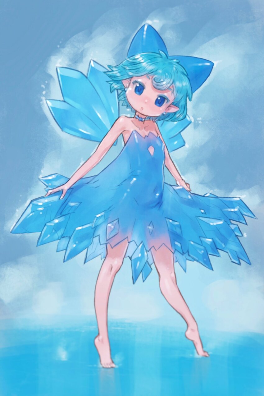 1girl barefoot blue_eyes blue_hair blush cirno cirno_day commentary_request covered_navel flat_chest full_body head_tilt highres ice ice_wings looking_at_viewer parted_lips short_hair solo touhou wings yst