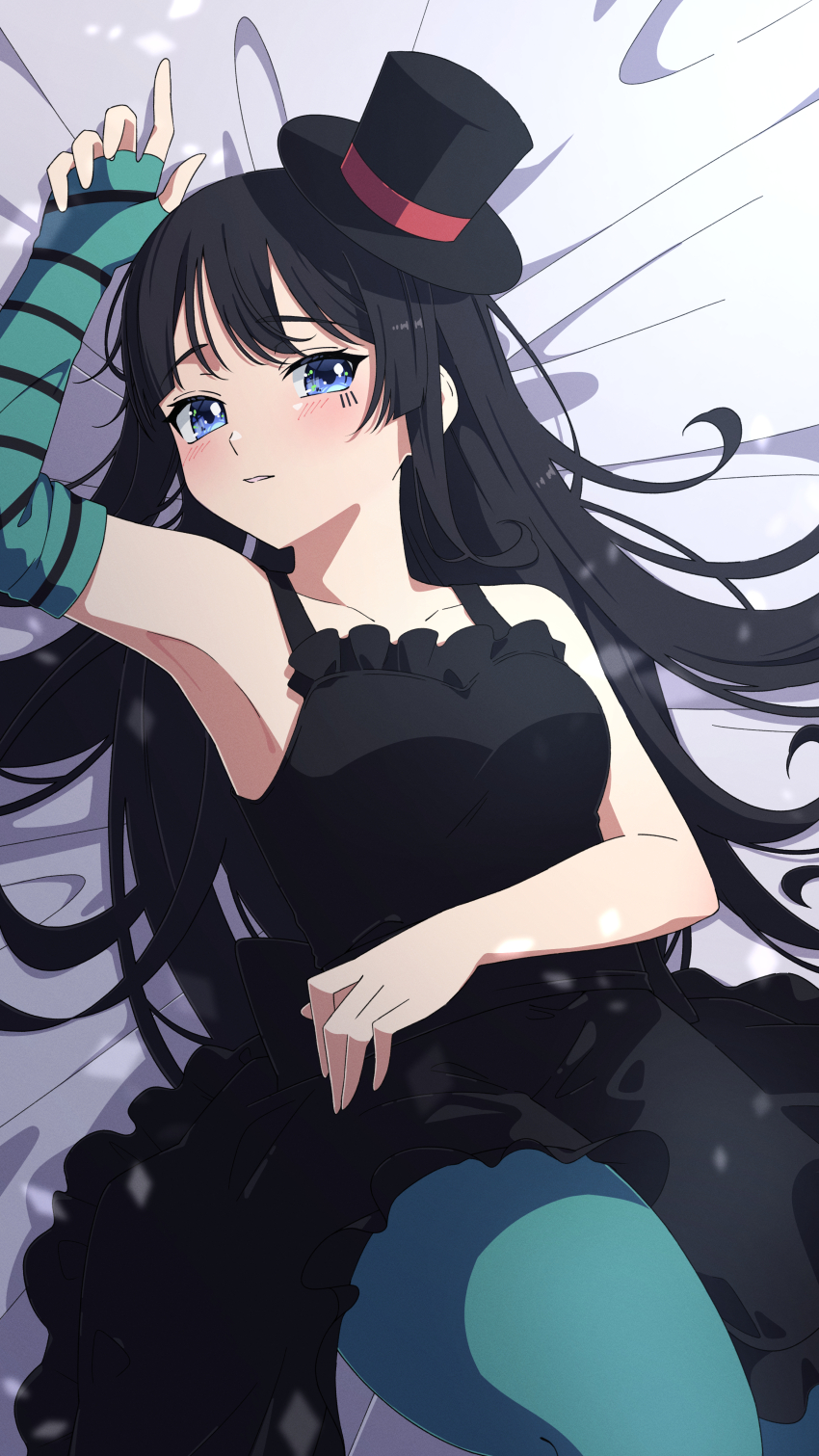 1girl absurdres akashi_(4kc_27) akiyama_mio aqua_gloves aqua_thighhighs armpits bed_sheet black_dress black_eyes black_hair black_hat collarbone don&#039;t_say_&quot;lazy&quot; dress elbow_gloves fingerless_gloves gloves hat highres k-on! long_hair looking_at_viewer lying mini_hat mini_top_hat official_alternate_costume on_back single_glove solo striped_clothes striped_gloves thighhighs top_hat