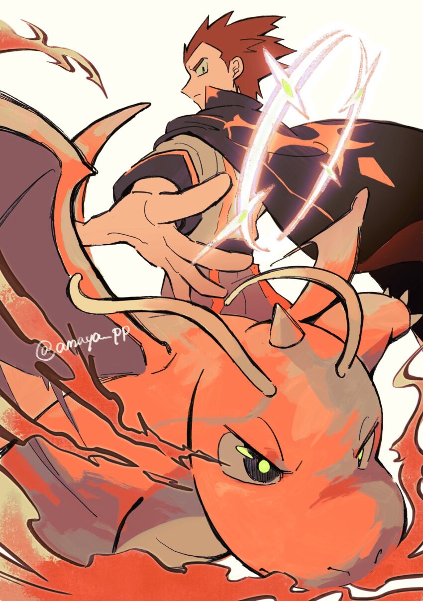 1boy amaya_uw black_cape black_eyes cape closed_mouth commentary_request dragonite floating_cape gen_1_pokemon highres jacket lance_(arc_suit)_(pokemon) lance_(pokemon) long_sleeves looking_down male_focus nintendo official_alternate_costume pokemon pokemon_(creature) pokemon_masters_ex red_hair short_hair spiked_hair twitter_username white_background